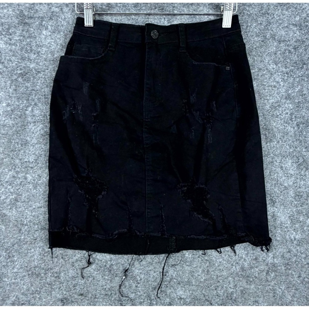 Missguided Mini Pencil Jean Skirt Womens 6 Black Denim Distressed Frayed Hem
